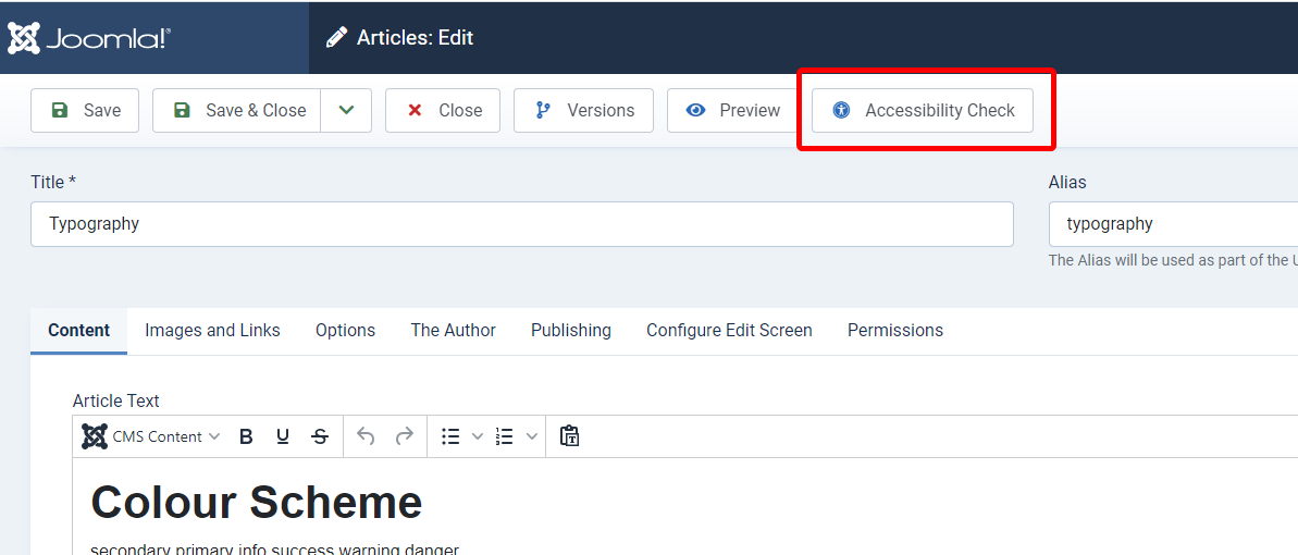 screenshot of the Joomla article editor showing the new accessibility check button on the toolbar